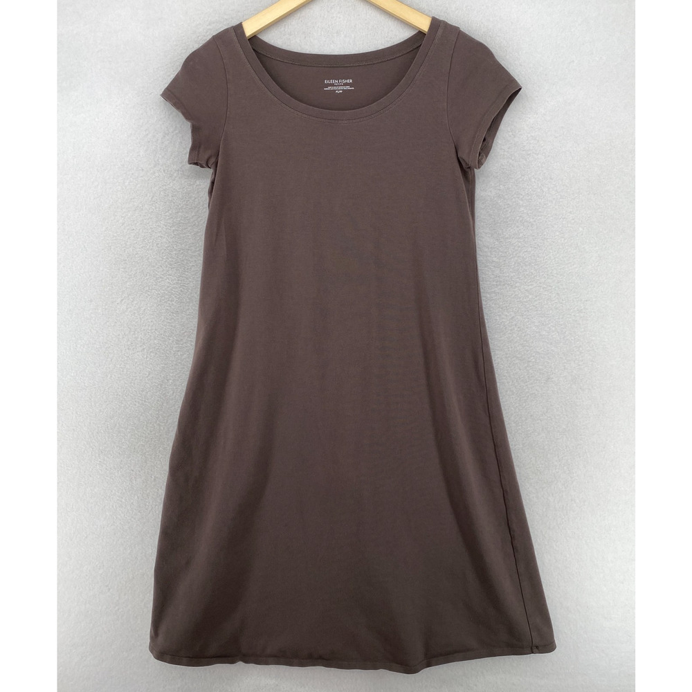 EILEEN FISHER Dress PS Stretch Organic Cotton Jersey T-Shirt Cap Sleeve Brown
